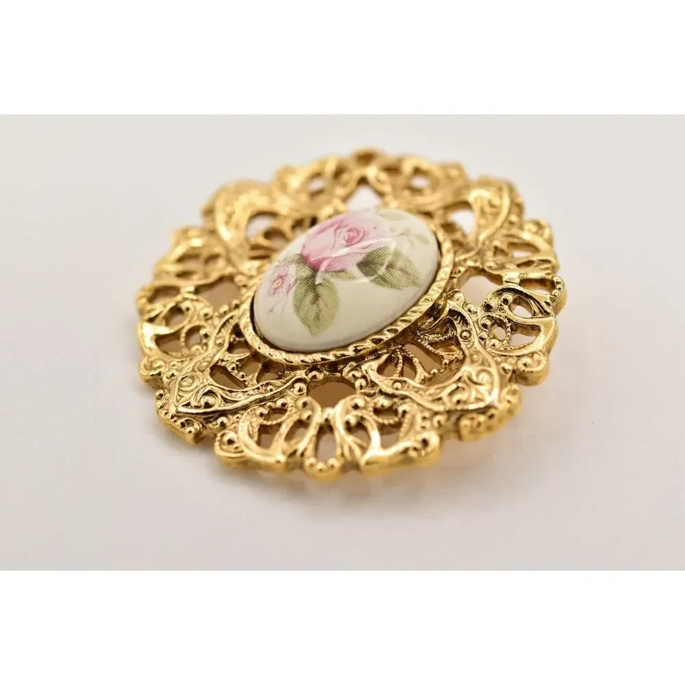 1928 Vintage Brooch Pin Rose Painted Cabochon Antiqued Gold Filigree 1980s BinBG